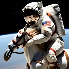 a man in an astronaut costume sits on a horse in space