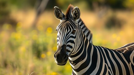 Fototapeta na wymiar Portrait of a zebra in a natural setting, wildlife photography with vibrant background. serene animal moment captured. AI