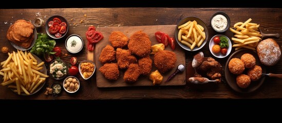 pizza, Hamburgers, fried chicken and sides. Top view on wooden table background