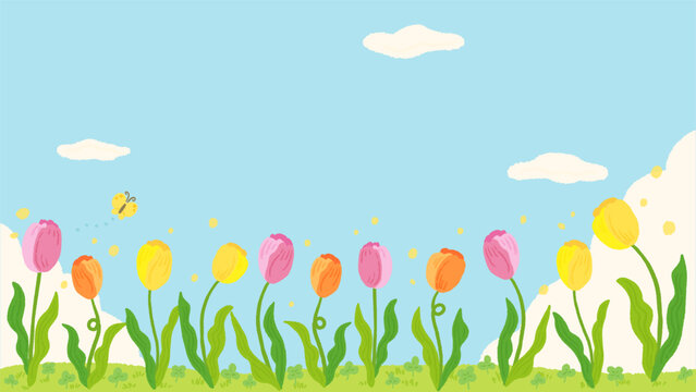 Spring-inspired tulip background frame, stylish hand-drawn illustration / 春をイメージしたチューリップの背景フレーム、おしゃれな手描きイラスト