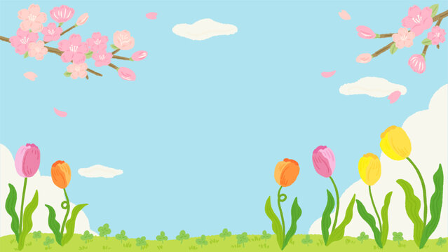 Sakura and tulip background frame inspired by spring, stylish hand-drawn illustration / 春をイメージしたさくらとチューリップの背景フレーム、おしゃれな手描きイラスト