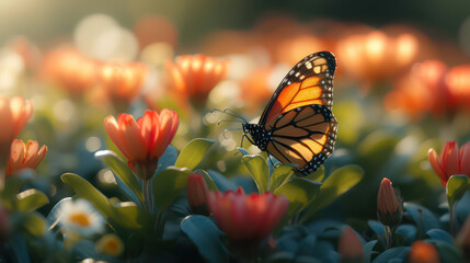 Sunlight filtering through the wings of a butterfly perched on a flower