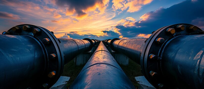 A breathtaking landscape with a pipeline and a vibrant sunset in the background, creating a mesmerizing scene of water, sky, and the horizon.