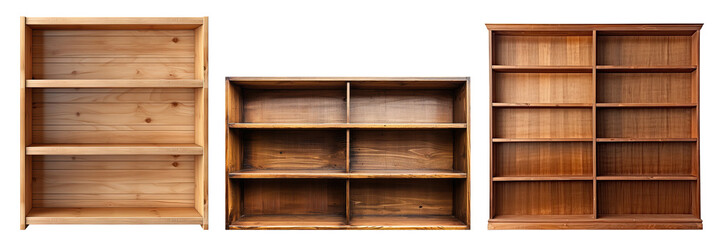 Set of three wooden bookcases isolated on transparent background