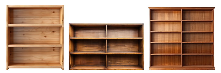 Set of three wooden bookcases isolated on transparent background