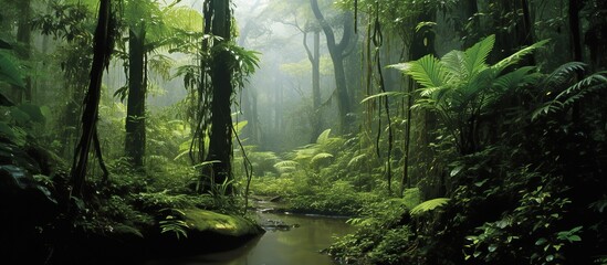 Naklejka premium View of the green and cool Asian tropical rainforest