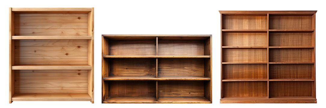 Set of three wooden bookcases isolated on transparent background