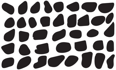 Fototapeta premium Blob shape organic set. Random black cube drops simple shapes Pebble, inkblot, drops and stone silhouettes. Collection of paint liquid black blotch spot irregular from Doodle drops with outline circle