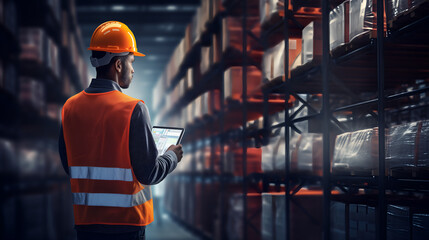 Warehouse worker using tablet in busy industrial environment