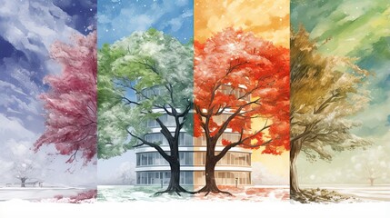 Landscape tree in four seasons. Winter, spring, summer, autumn.