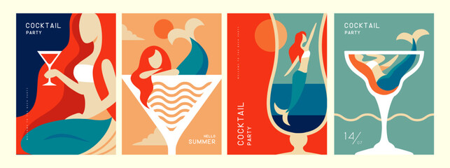 Set of retro summer posters with summer attributes. Cocktail cosmopolitan silhouette, mermaid and sea. Vector illustration - obrazy, fototapety, plakaty