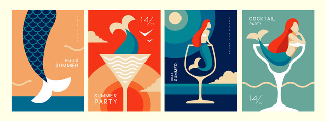 Set of retro summer posters with summer attributes. Cocktail cosmopolitan silhouette, mermaid and sea. Vector illustration - obrazy, fototapety, plakaty