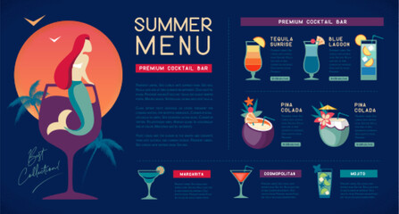 Naklejka premium Retro summer restaurant cocktail menu design with mermaid in cocktail glass. Vector illustration