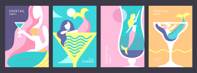 Set of retro summer posters with summer attributes. Cocktail cosmopolitan silhouette, mermaid and sea. Vector illustration