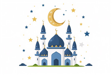 Fototapeta na wymiar Ramadan Kareem greeting card banner poster design with Golden lantern moon and Mosque minar 