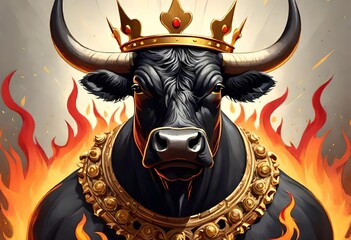 A digital illustration of a regal strong bull wearing a gold king's crown. 