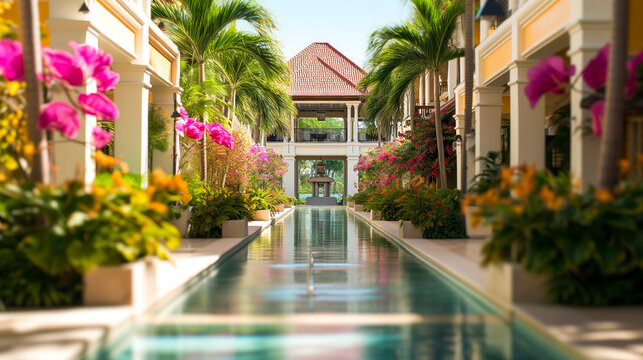 The luxurious ambiance of a tropical resort with a focused photograph, showcasing elegant architecture, vibrant flowers, and inviting pools against a bright and inviting bright background