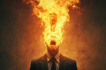 Metaphor for Burnout Syndrome. Businessman with a flaming exclamation mark in place of his head