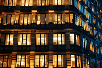 window of the multi-storey building of glass and steel lighting and people within timelapse
