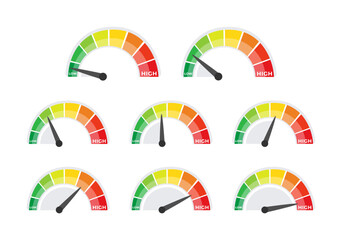 Speedometer set, gauge meter. Speed dial indicator. Scale, level of performance. Score progress. Vector illustration