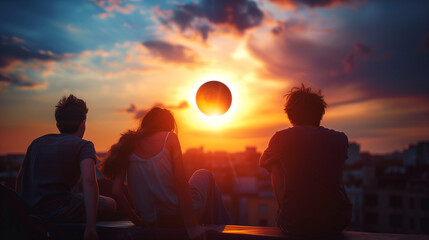 Young people on the rooftop watching the eclipse - obrazy, fototapety, plakaty