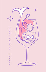 Continuous line vector illustration of mermaid in wine glass