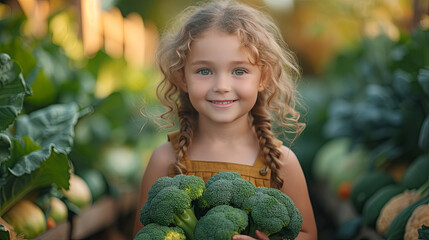 girl holding a bunch of brocolli 