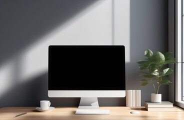 Black screen desktop computer in minimal office room with decorations and copy space