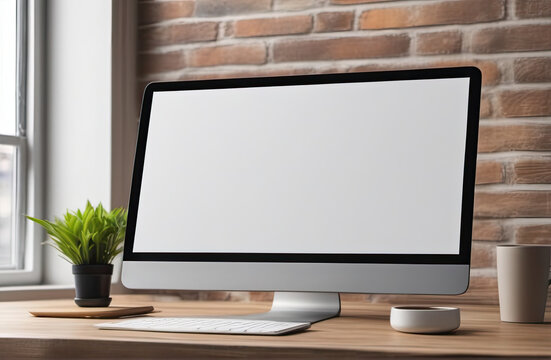 white screen desktop computer in minimal office room with decorations and copy space