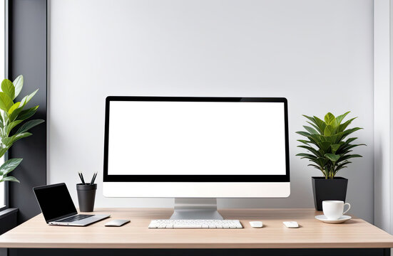 white screen desktop computer in minimal office room with decorations and copy space