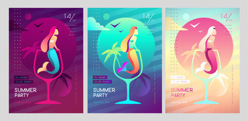 Set of Colorful summer disco party posters with mermaid in cocktail glass. Summertime backgrounds. Vector illustration
