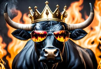 A digital illustration of a regal strong bull wearing a gold king's crown and sunglasses. 