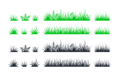 Set of green and black grass silhouettes with different lengths and flower buds, suitable for environmental and landscape designs