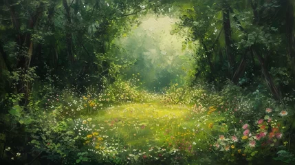 Foto auf Acrylglas Enchanting forest clearing arranged in a circular formation, with lush greenery and vibrant wildflowers carpeting the ground © usama