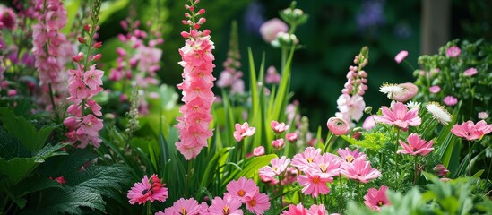 Obraz premium A variety of pink flowers, including Flowering plants, Groundcovers, and Terrestrial plants, adorn the garden with their vibrant magenta petals.