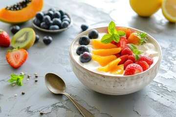 A bowl of yogurt and fruit salad on the table, copy space.