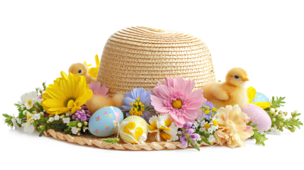 A charming straw hat adorned with Easter decorations, including colorful flowers, cute chicks, and pastel Easter eggs Isolated on a white background