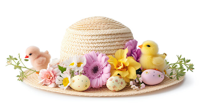 A charming straw hat adorned with Easter decorations, including colorful flowers, cute chicks, and pastel Easter eggs Isolated on a white background