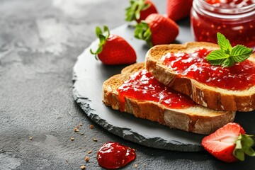 Close-up of toast with homemade strawberry jam on table, copy space.