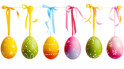 Colorful Easter eggs hanging on ribbons Isolated on a transparent background