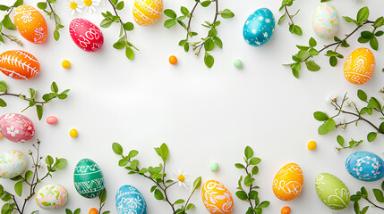 Colorful Easter eggs with delicate spring flower leaves isolated on a white background