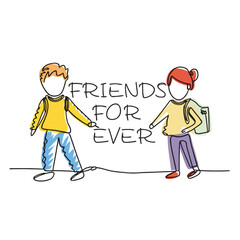 2d vector illustration colorful One Line continuous drawing of text "friends for ever" and a boy holding hand with his friend in school scene, typography
