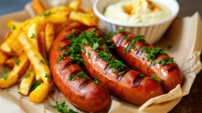 Grilled sausages french fries ketchup and mayonnaise sauce on cutting board on wooden background, Top view, Copy space.