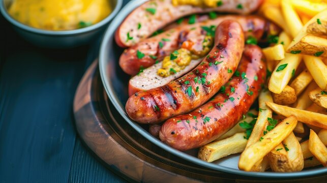 Grilled sausages french fries ketchup and mayonnaise sauce on cutting board on wooden background, Top view, Copy space.