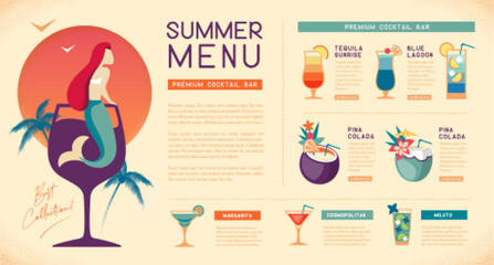 Retro summer restaurant cocktail menu design with mermaid in cocktail glass. Vector illustration - obrazy, fototapety, plakaty