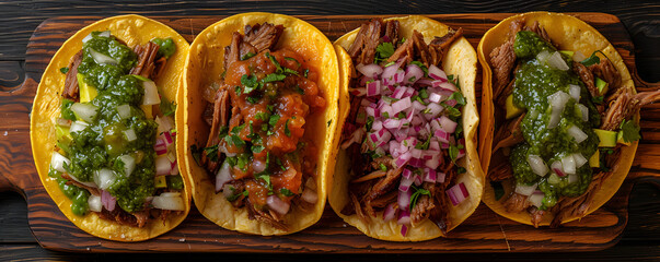 mexican street tacos with barbacoa and carnitas, serving wooden board
