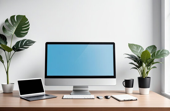 blue screen desktop computer in minimal office room with decorations and copy space