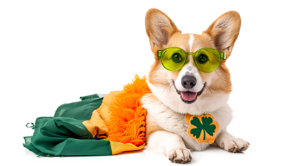 Funny corgi dog in costume, Irish holiday, St. Patrick's Day, glasses, shamrock, flag of Ireland isolated on a white background