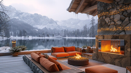 A luxurious outdoor recreation area of an eco-hotel in the Norwegian fjords, surrounded by a serene winter landscape. Concept of a Quiet luxury - obrazy, fototapety, plakaty