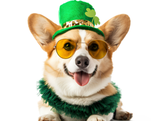 Funny corgi dog in costume, Irish holiday, St. Patrick's Day, glasses, shamrock, flag of Ireland isolated on a white background